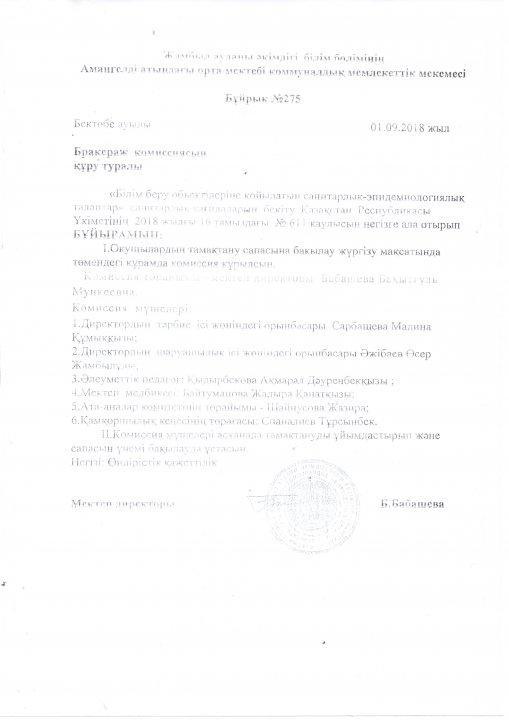Брокеражды комиссияның мектеп асханасындағы санитарлық эпидемиологиялық талаптардың сақталуын тексеру есебі