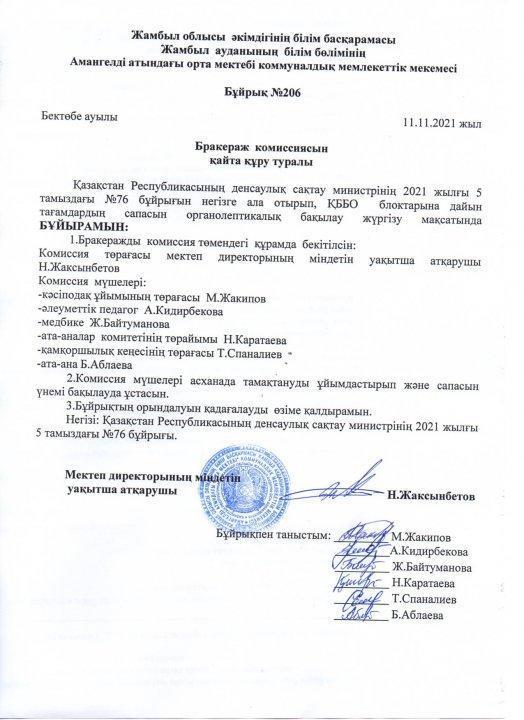 Бракераж комиссиясын құру бұйрығы