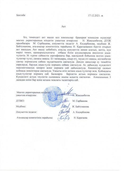 Бракераж комиссиясының тағамдардың сапасын  органолептикалық бақылау жүргізу мақсатында жүргізілген жұмыстардың актісі
