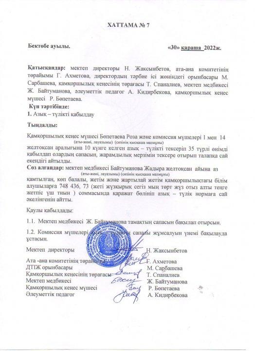 Азық - түлікті қабылдау хаттамасы