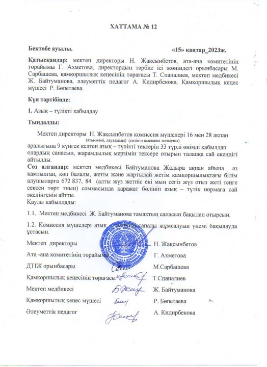 Азық - түлікті қабылдау хаттамасы