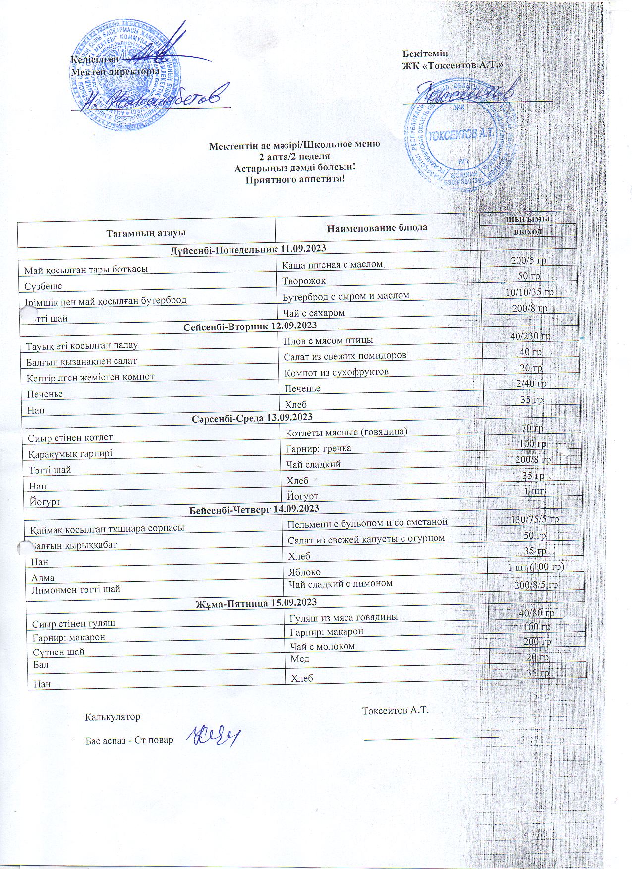 Мектеп асханасында берілетін ас мәзірінің 2 аптасы