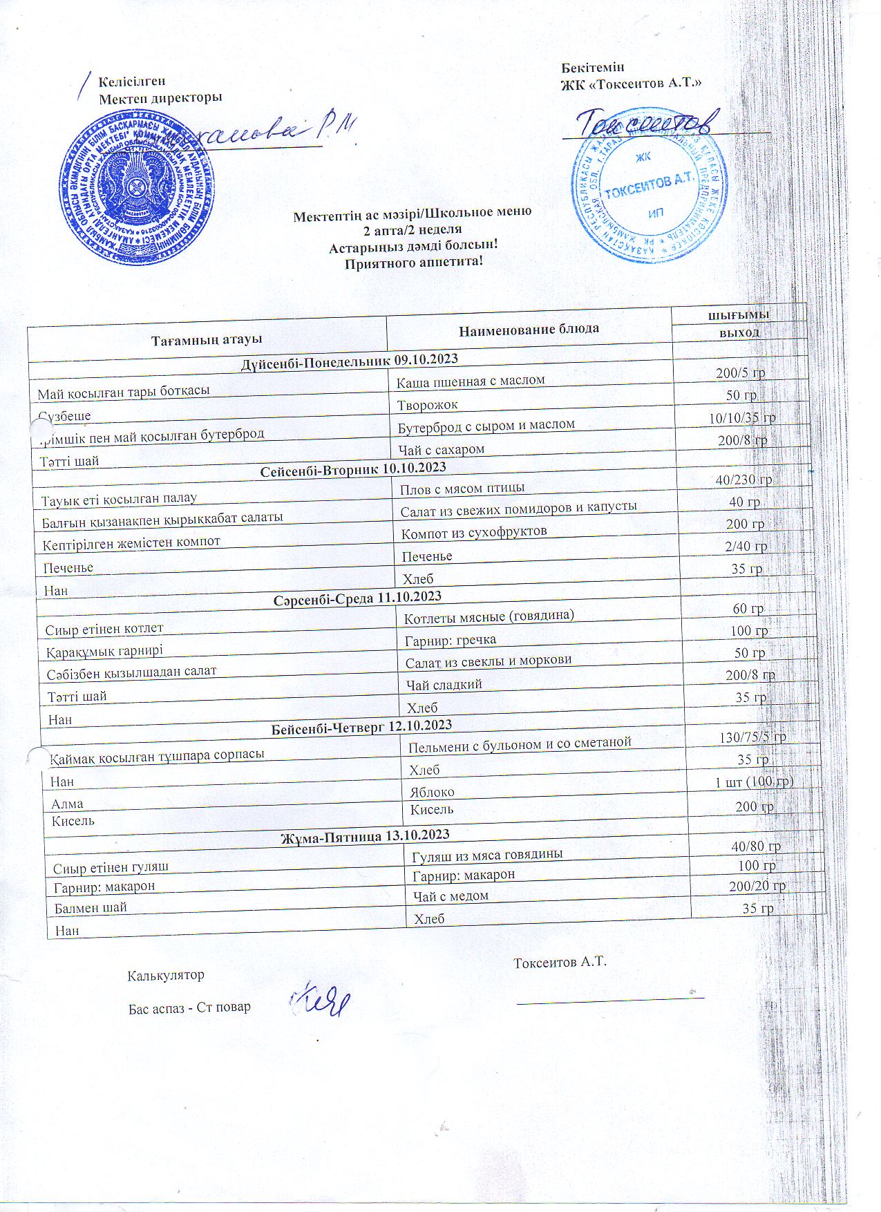 Перспективалық ас мәзірінің 2 аптасы қазан айы