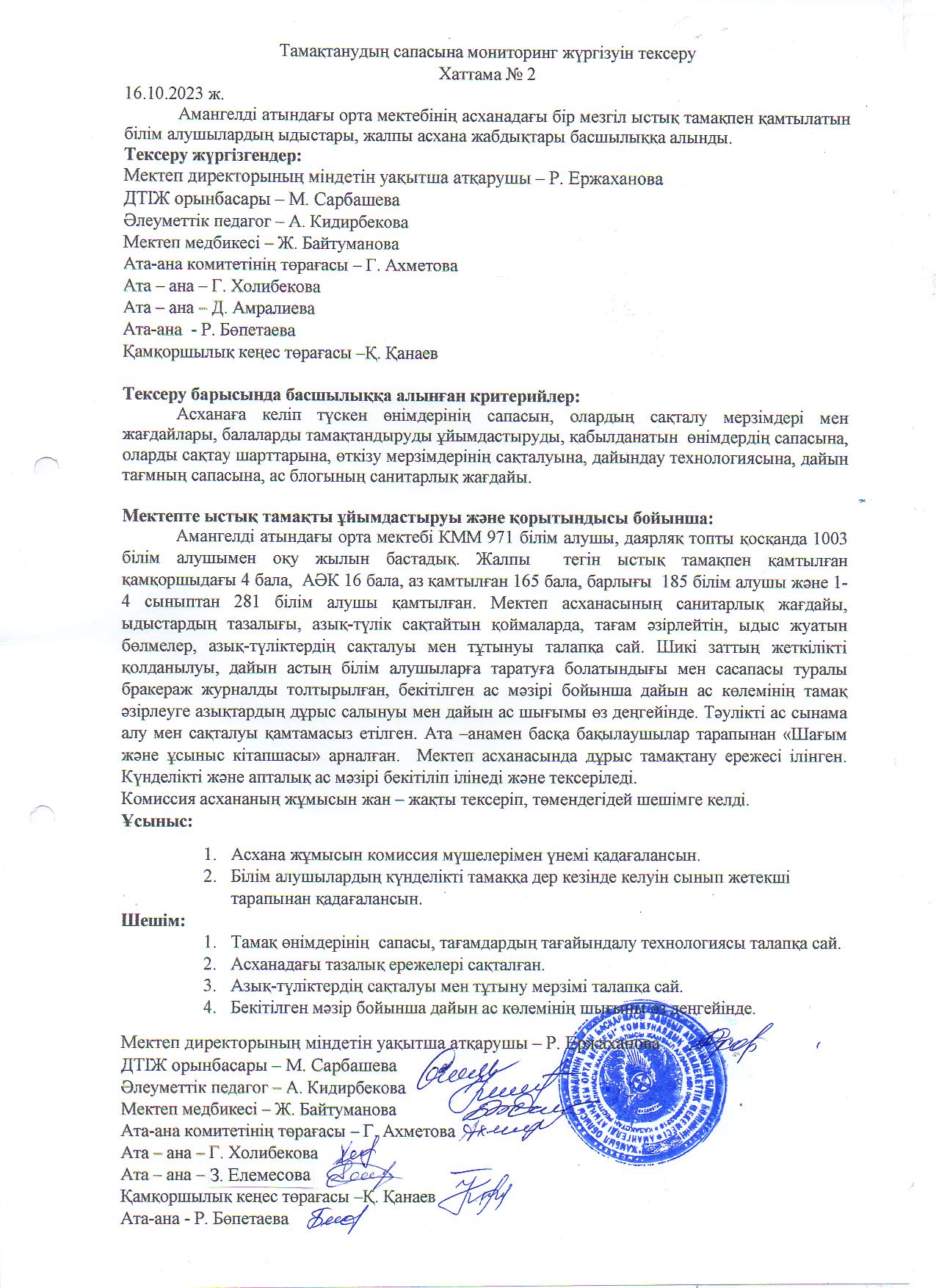 Тамақтану сапасына мониторинг жүргізуін тексеру хаттамасы