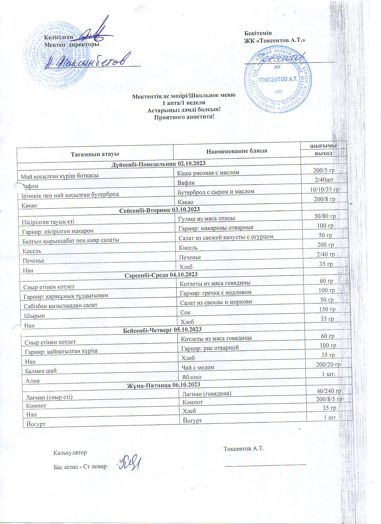 Перспективалық ас мәзірі қазан айы 1 аптасы