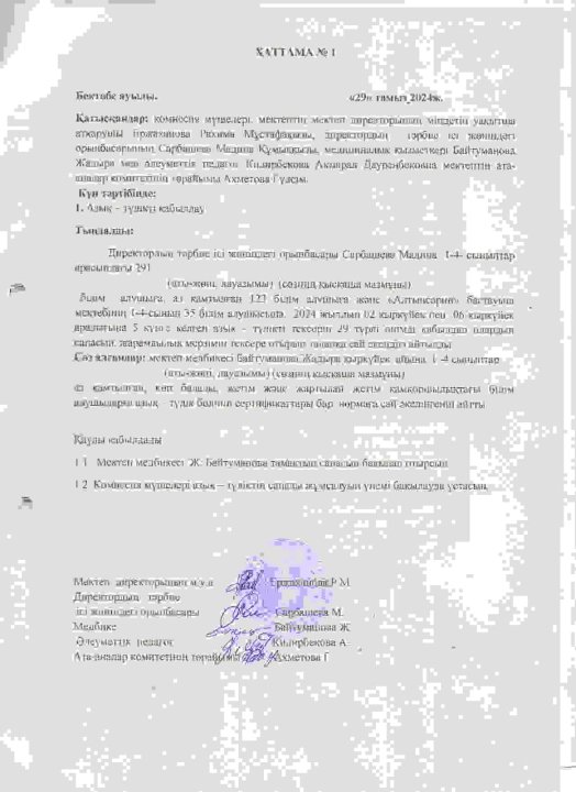 Ыстық тамақты қабылдау хаттамасы актісі