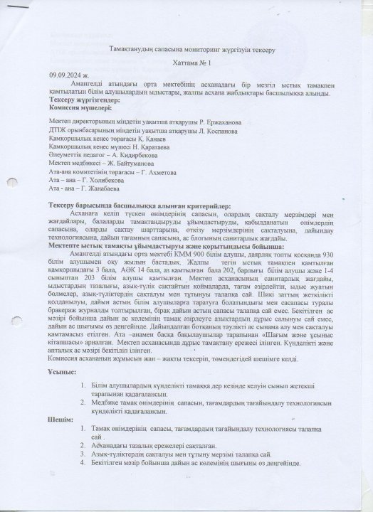 Тамақтану сапасына мониторинг жүргізуін тексеру хаттамасы №1