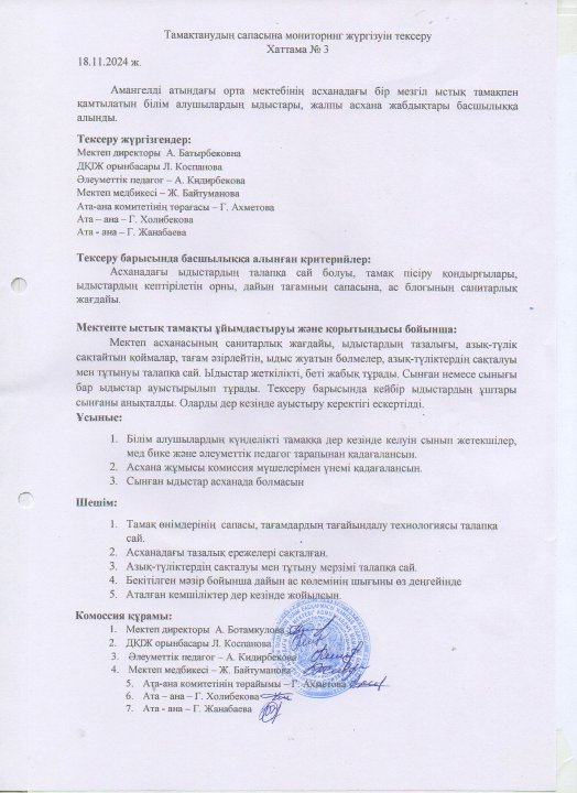 Тамақтану сапасына мониторинг жүргізуін тексеру хаттамасы №3