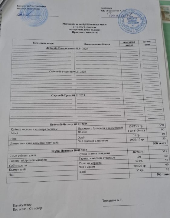 Екі күндік ас мәзірі