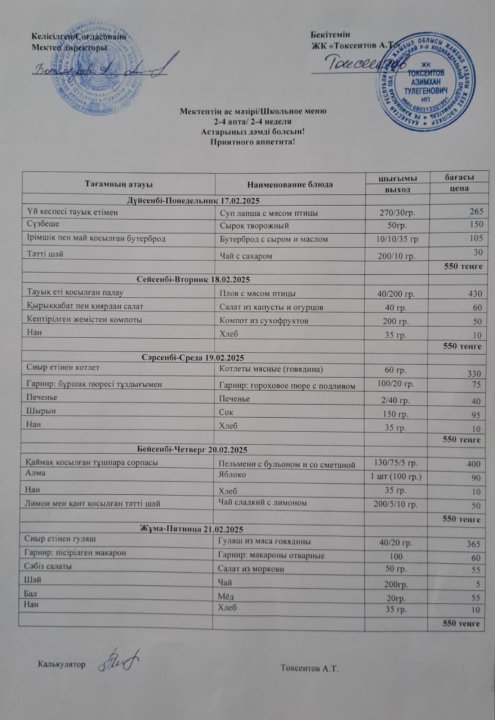 Апталық ас мәзірі