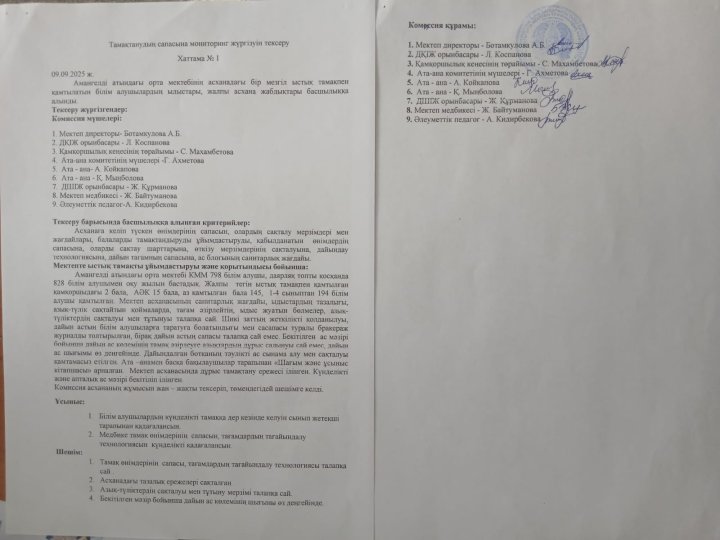 Тамақтанудың сапасына мониторинг жүргізуін тексеру  Хаттама №1