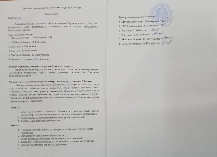 Тамақтанудың сапасына мониторинг жүргізуін тексеру Хаттама №2